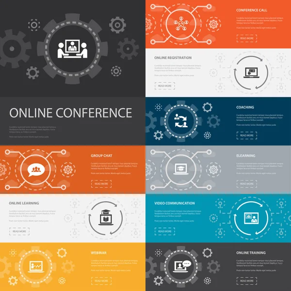 Online conferentie Infographic 10 lijn pictogrammen banners.group chat, online leren, webinar, conference call eenvoudige pictogrammen — Stockvector
