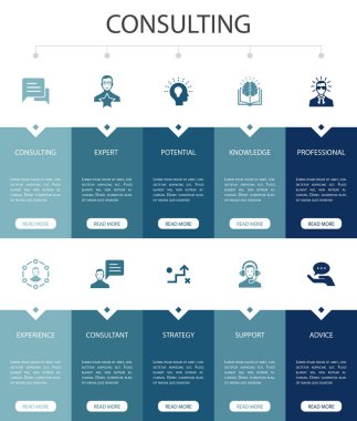 Infographic 10 seçenekli Ui tasarımına danışmanlık. Uzman, bilgi, deneyim, danışmanlık simgeleri