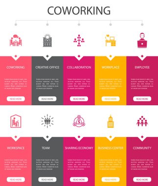 Eş zamanlı Infographic 10 seçenekli Ui tasarımı. Yaratıcı ofis, işbirliği, işyeri, ekonomi paylaşımı basit simgeler