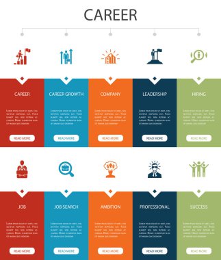 Kariyer Infographic 10 seçenek Ui tasarımı. Şirket, liderlik, işe alım, iş arama basit simgeler