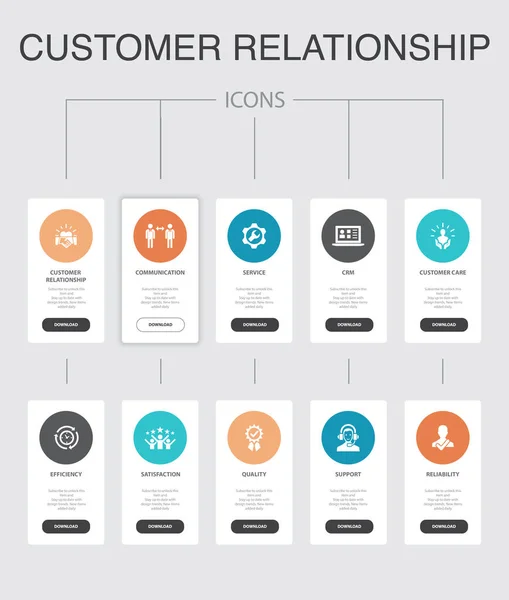 Relacionamento com o cliente Infográfico 10 passos UI design.communication, serviço, CRM, ícones simples de atendimento ao cliente — Vetor de Stock