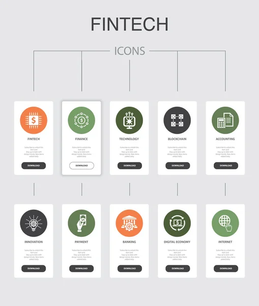 Fintech nfographic 10 steps Ui design.finance, technology, blockchain, innovation simple icons — Stockvektor