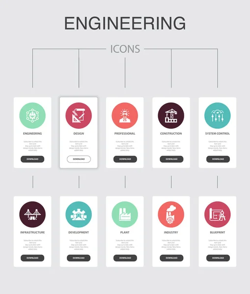 Engineering nfographic 10 steps UI design.design, professional, System Control, Infrastructure simple icons — ストックベクタ