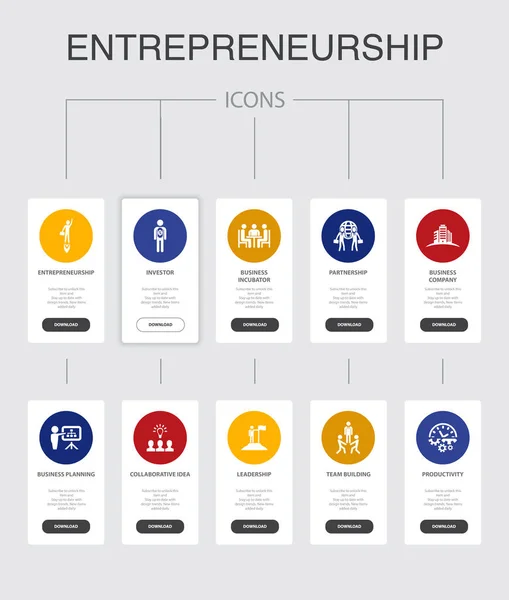 Entrepreneuriat nfographic 10 étapes UI design.Investor, Partenariat, Leadership, Team building icônes simples — Image vectorielle