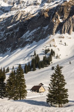 Schwaegalp, Canton Appenzell-Ausserrhoden, İsviçre 'de dağ kulübeleri olan kış manzarası