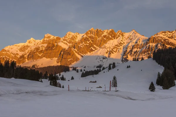 Масив Саєнтіс Вечірньому Світлі Зимовий Пейзаж Кантон Аппенцелл Ауссерроден Швейцарія — стокове фото