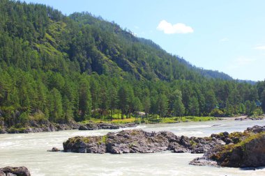  Dağda kayalıkları olan Katun nehri.