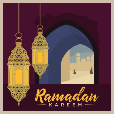 Ramazan Kareem Arapça Kaligrafi ve Tipografi. Banner Şablonu. Arapça Metin Çevirisi: Ramazan, şanlı ay. Vintage vektör İllüstrasyon.