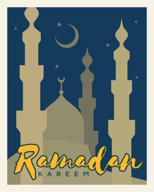 Ramazan Kareem Arapça Kaligrafi ve Tipografi. Banner Şablonu. Arapça Metin Çevirisi: Ramazan, şanlı ay. Vintage vektör İllüstrasyon.