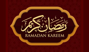 Ramazan Kareem Arapça Kaligrafi ve Tipografi. Banner Şablonu. Arapça Metin Çevirisi: Ramazan, şanlı ay. Vintage posteri. Vektör İllüstrasyonu.