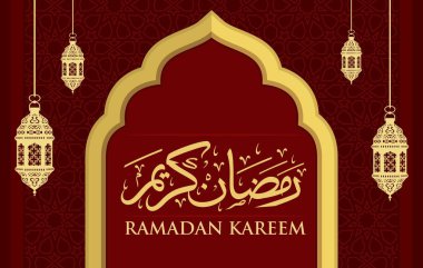 Ramazan Kareem Arapça Kaligrafi ve Tipografi. Banner Şablonu. Arapça Metin Çevirisi: Ramazan, şanlı ay. Vintage posteri. Vektör İllüstrasyonu.