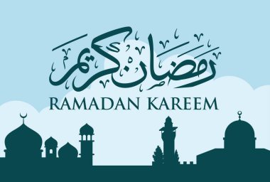Ramazan Kareem Arapça Kaligrafi ve Tipografi. Banner Şablonu. Arapça Metin Çevirisi: Ramazan, şanlı ay. Vintage posteri. Vektör İllüstrasyonu.