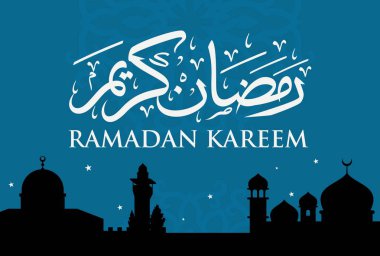 Ramazan Kareem Arapça Kaligrafi ve Tipografi. Banner Şablonu. Arapça Metin Çevirisi: Ramazan, şanlı ay. Vintage posteri. Vektör İllüstrasyonu.