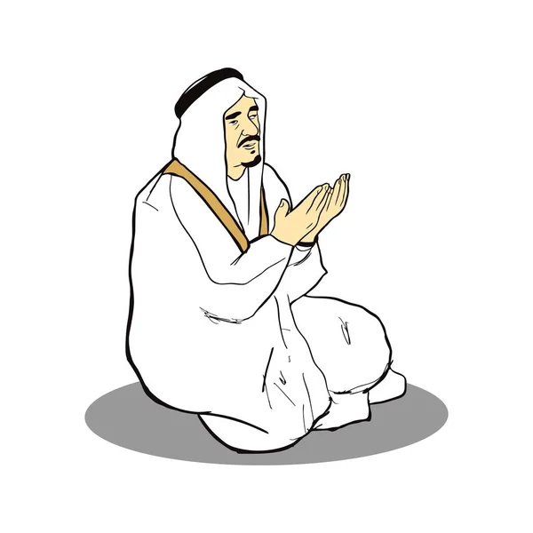 Geleneksel atkı ile Arap Adam Duası. Dua. Kral Fahad Abdülaziz. Vektör çizimi. 