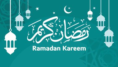 Ramazan Kareem Arapça Kaligrafi ve Tipografi. Banner Şablonu. Arapça Metin Çevirisi: Ramazan, şanlı ay. Vintage vektör İllüstrasyon.