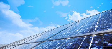 Renkli panoramik manzara: güneş enerjisi santralleri. (3D görüntüleme bilgisayarı dijital olarak oluşturuldu.)