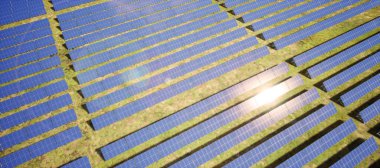 Renkli panoramik hava manzaralı: güneş enerjisi santralleri. (3D görüntüleme bilgisayarı dijital olarak oluşturuldu.)