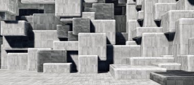 Renkli soyut panoramik zemin: geometrik çimento / beton küp duvar. (Aracın arka plakası, 3D görüntüleme bilgisayarı dijital olarak oluşturuldu.)