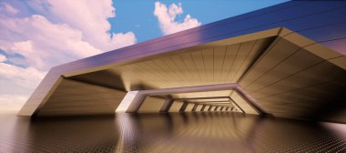 Renkli soyut panoramik arka plan: Metal tünel. (Aracın arka plakası, 3D görüntüleme bilgisayarı dijital olarak oluşturuldu.)