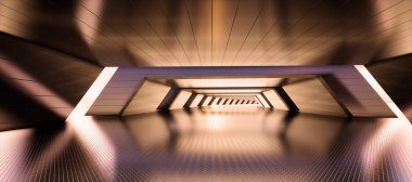 Renkli soyut panoramik arka plan: Metal tünel. (Aracın arka plakası, 3D görüntüleme bilgisayarı dijital olarak oluşturuldu.)