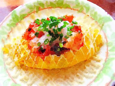 Renkli suluboya el boyaması sanat illüstrasyon closeup : Japon pirinç omlet (Yüksek çözünürlüklü 2d Cg illüstrasyon)