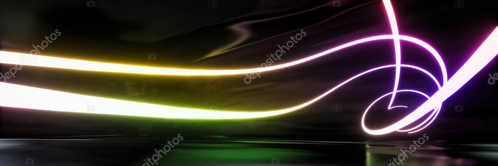 Colorful abstract panoramic background: geometric neon curve.( Car backplate, 3D rendering computer digitally generated illustration.)