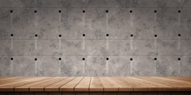 Renkli ahşap platform arka planı: Sert beton duvar. (3D görüntüleme bilgisayarı dijital olarak oluşturuldu.)