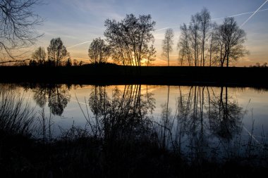 Ağaçlar ve yansıma ile gölet Bachracek gün batımı