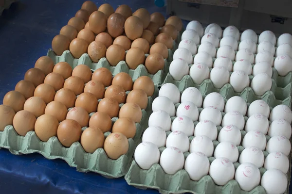Λευκά Και Καφέ Αυγά Δίσκους Στον Πάγκο Της Αγοράς Έννοια — Φωτογραφία Αρχείου