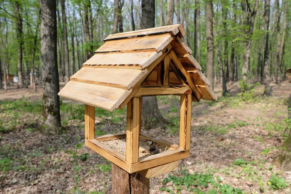 Bird feeders in the park. Birdhouse made of wood in the form of a house in the park. Caring for wildlife and birds.