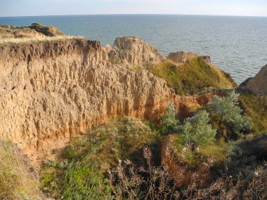 Deniz kenarındaki kum tepeleri. Mavi gökyüzüne karşı durgun mavi deniz. Taş ocağı yeşil çimlerle kaplıydı. Katmanlı kil tepeler.                                    