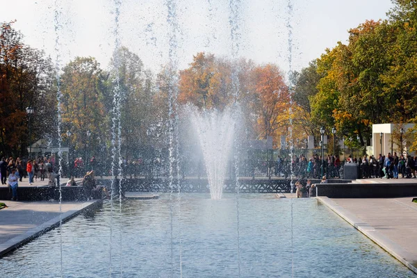 Fuente Parque Ciudad Cerca Una Fuente Sobre Fondo Árboles Cubiertos — Foto de Stock