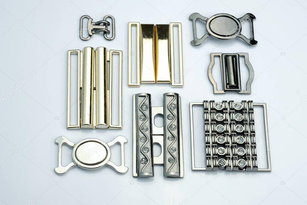 Detachable buckle for making belts for dresses, skirts. Decorative buckles for swimwear. Metal fittings with rhinestones for decorating women's clothing.