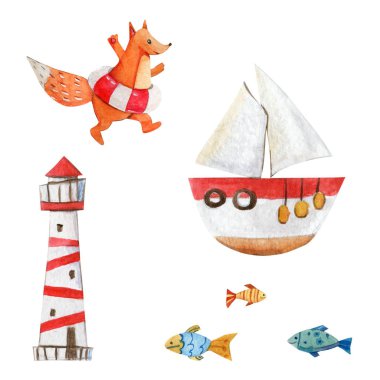 tilki, tekne, deniz feneri, balık suluboya yaz illüstrasyon seti