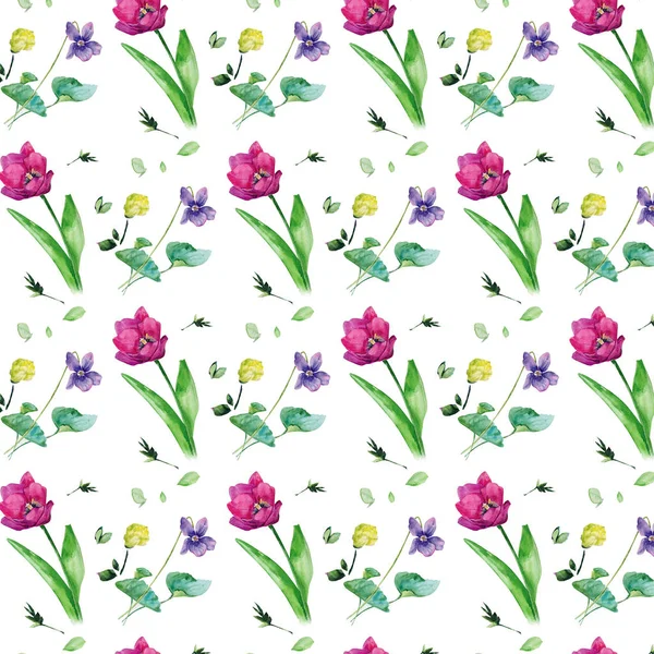 Aquarell Nahtloses Blumenmuster Auf Weißem Hintergrund — Stockfoto