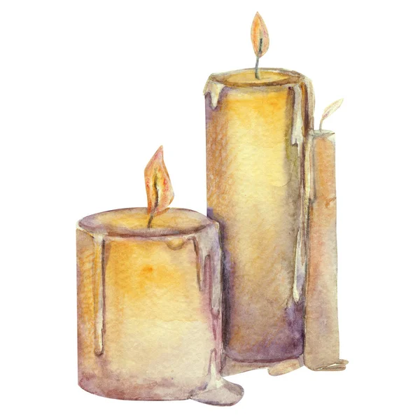 Akvarel Ilustrace Osvětlení Žluté Svíčky — Stock fotografie