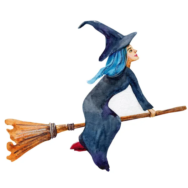 Acuarela Halloween Ilustración Mujer Pelo Azul Bruja Vestido Azul Sombrero —  Fotos de Stock