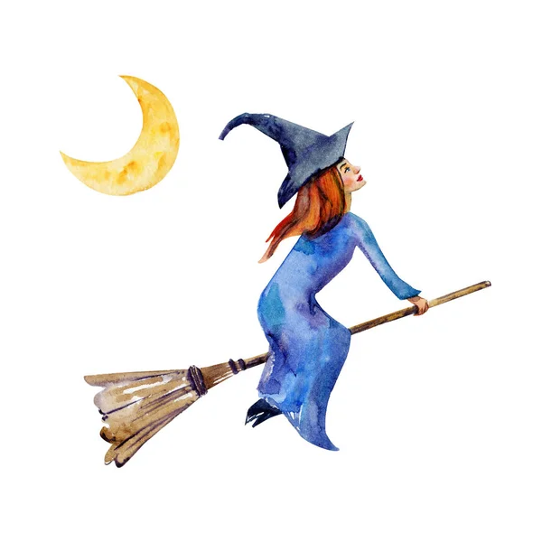 watercolor halloween illustration of red-haired woman or witch in blue dress and black hat riding broom, moon on background