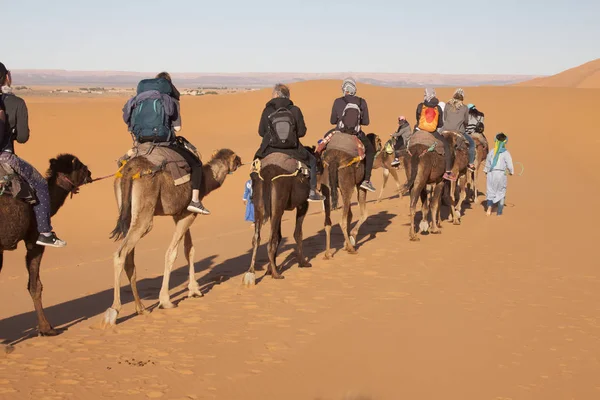 Morocco, Merzouga, Erg Chebbi Dunes, Tourists Riding Camels — Stock Photo, Image