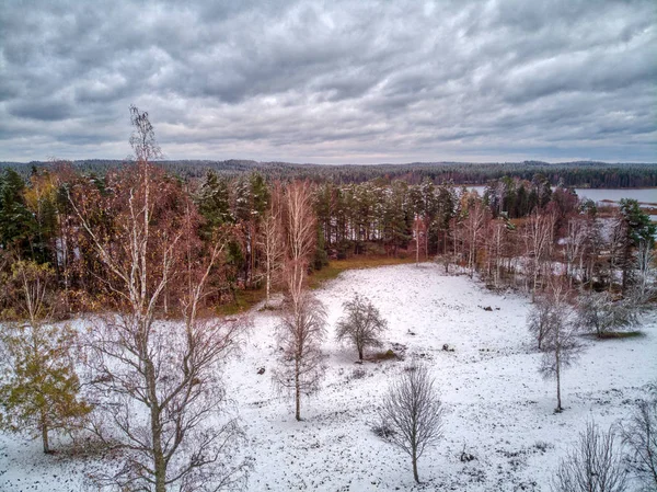 Första Snön Ett Delvis Snötäckt Landskap — Stockfoto