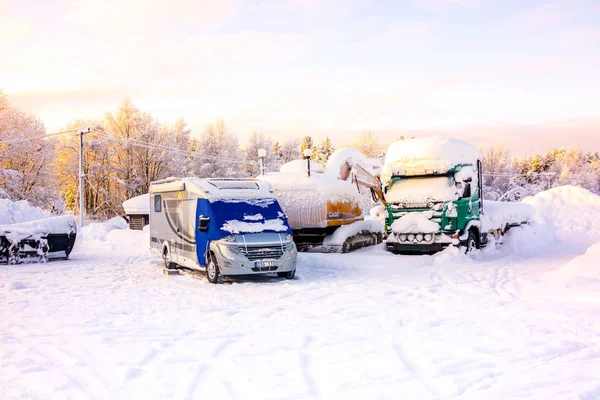 Kiruna Sweden February 2018 Parked Vehicles Heavy Snow Top — Stock Photo, Image