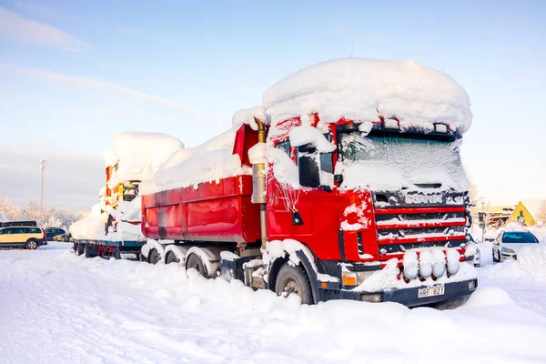 Kiruna Sweden February 2018 Parked Red Truck Heavy Snow Top — Stock Photo, Image