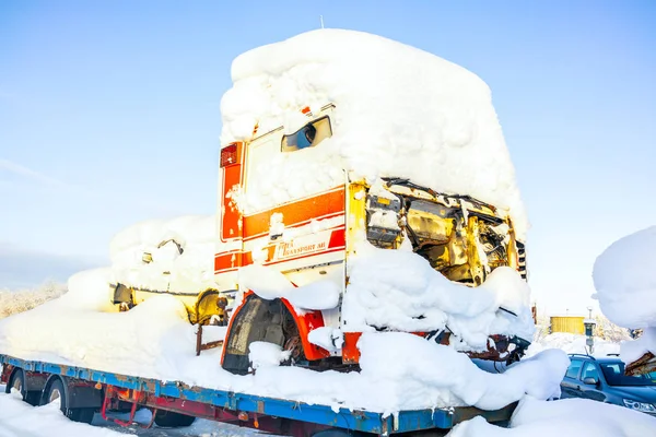 Kiruna Sweden February 2018 Parked Trailrer Truck Heavy Snow Top — Stock Photo, Image