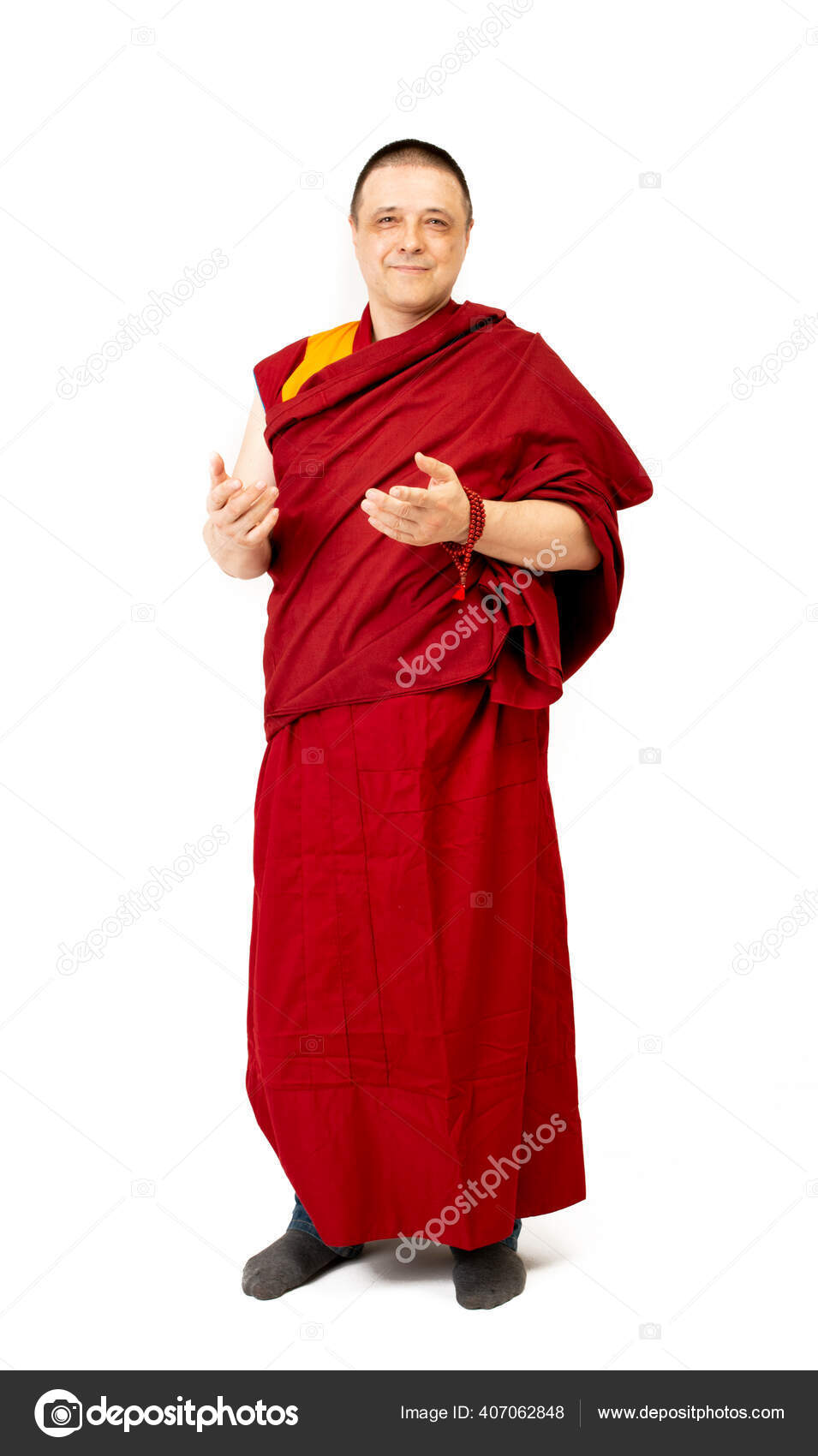 Portero Monje Tibetano Mongol Vestido Rojo Ritual Sobre Fondo