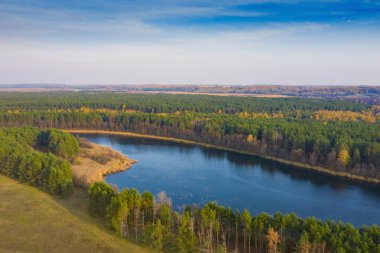 Tepesinden mavi deniz manzaralı bir göl. Quadrocopter 'dan çekilen sonbahar gölü. Ormandaki göl