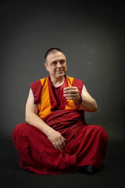 Buddhist Monk Holding Smoking Incense Stick His Hand — Stock Photo, Image