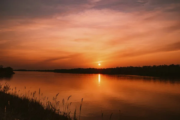 大きな川のほとりに美しい夕日 — ストック写真