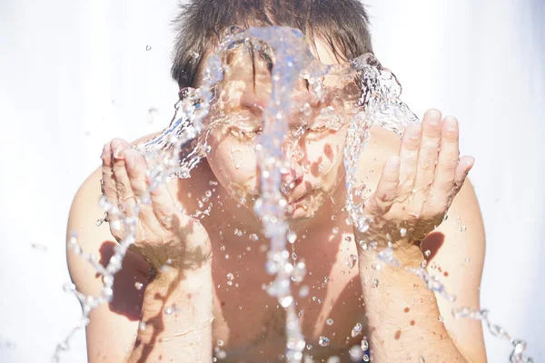 Guy Washes His Face Water Drops Fly Different Directions White Stock Photo