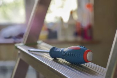 Mavi saplı bir tornavida merdiven basamağında yatıyor.