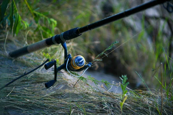 リールと釣り糸の釣り竿は草の中の川岸にあります — ストック写真